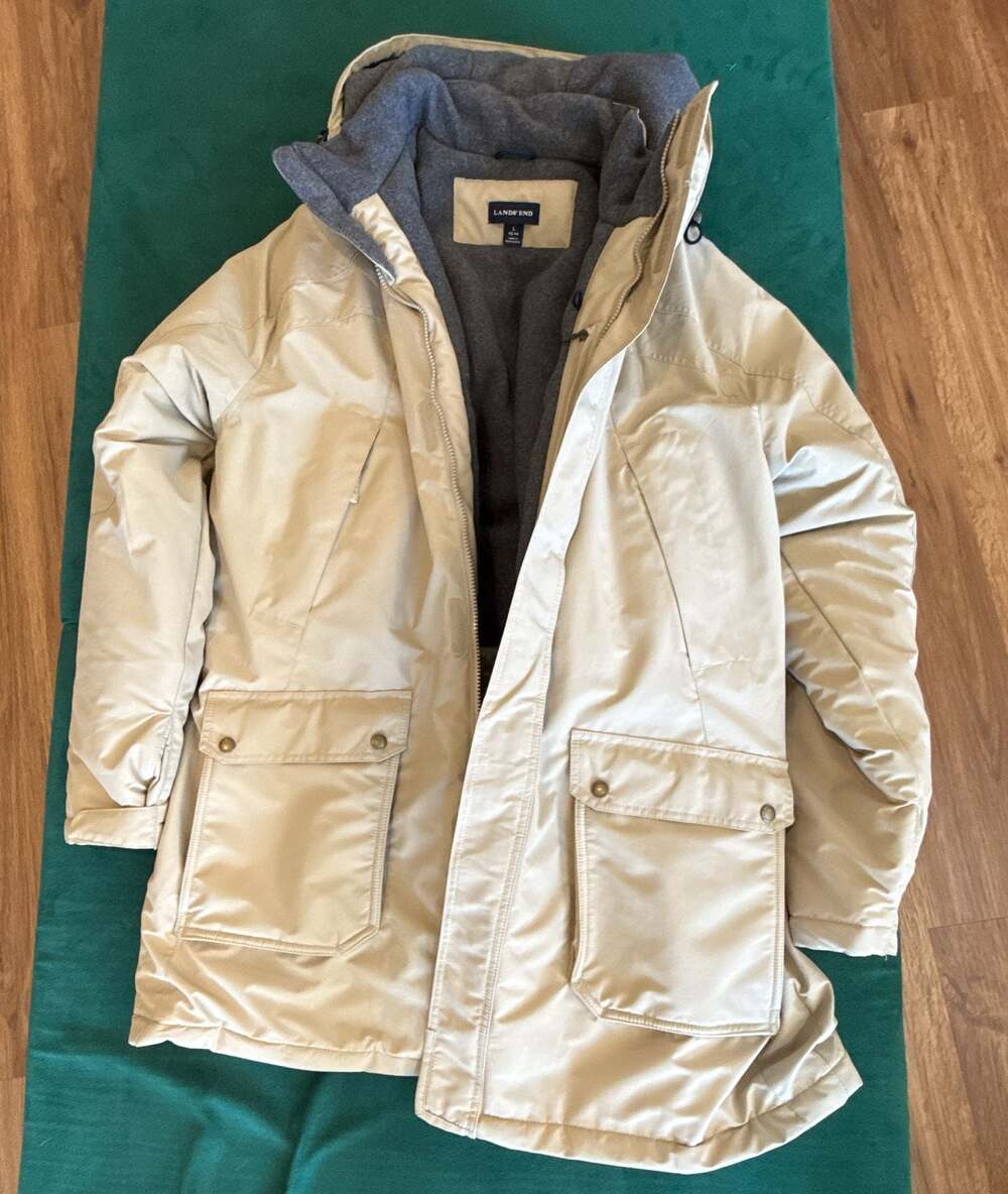 Lands' End Mens Tan Windcheck Thermacheck Hooded Parka Jacket Size L 42-44
